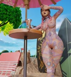 3d arm_up armpits beach beach_jules blender breasts choker covering_eyes fortnite goggles_on_head haziest_mirage jules_(fortnite) looking_forward multicolored_hair nose_ring nude nude_female outdoors public public_nudity pussy ring slurp slurp_(fortnite) tattoo tattoos thick_thighs wine_glass