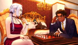 1boy 2girls absurdres alternate_costume alternate_hairstyle bed blindfold blue_hair board_game bound bound_wrists bra breasts brown_hair byleth_(female)_(fire_emblem) byleth_(fire_emblem) chair chandelier chess chess_piece choker claude_von_riegan cleavage dark-skinned_male dark_skin dress earrings edelgard_von_hresvelg english_commentary female femsub fire_emblem fire_emblem:_three_houses fire_emblem_warriors:_three_hopes green_eyes highres indoors jewelry large_breasts long_sleeves male maledom medium_breasts medium_hair multiple_girls necktie nintendo official_alternate_hairstyle pantyhose ponytail purple_eyes sethkiel sitting smile suit teeth underwear watch white_hair