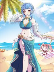 2girls alternate_costume bikini blue_bikini blue_hair blue_swimsuit breasts el_pan_frances female fire_emblem fire_emblem:_three_houses fire_emblem_heroes hilda_valentine_goneril hilda_valentine_goneril_(summer) marianne_von_edmund marianne_von_edmund_(summer) nintendo official_alternate_costume outdoors pink_bikini pink_swimsuit swimsuit