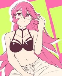 bra exposed_belly exposed_midriff glasses hair lewdismug long_hair looking_at_viewer midriff no_shirt pink_hair rida_(vibrantrida) shirtless solo solo_female sweatpants vibrantrida