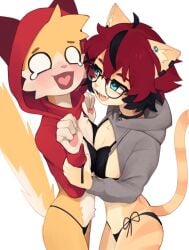 5_fingers aeiou_(yoako) anthro blush breast_squish breasts clothed clothing domestic_cat duo eyewear felid feline felis female female/female female_anthro fingers flustered fur glasses hair hi_res kemono mammal pawpads piercing power_symbol pupils red_hair riley_(rolo_stuff) ring_piercing rolo_(rolo_stuff) simple_background small_breasts solo squish swimwear symbol-shaped_pupils tail tan_body tan_fur unusual_pupils yoako