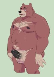 2023 absurd_res anthro balls bear black_nose bodily_fluids brown_body erection genital_fluids genitals hi_res humanoid_genitalia humanoid_hands humanoid_penis kemono male mammal moobs nipples overweight overweight_male penis precum simple_background solo ujishiyo