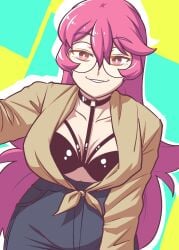 glasses hair jeans lewdismug long_hair long_sleeves looking_at_viewer open_shirt pink_hair rida_(vibrantrida) smirk smirking_at_viewer solo solo_female vibrantrida