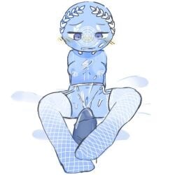 1boy 1girls blue_body blue_eyes blue_skin blushing breasts cleverpoint countryhumans countryhumans_girl cum_on_breasts cum_on_thighs cumming feet_on_penis fishnets footjob footjob_with_legwear looking_at_penis nato_(countryhumans) penis pussy sitting sitting_on_bed tagme thick_thighs thighs united_nations_(countryhumans) white_fishnets white_headwear