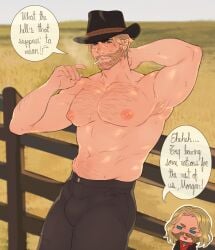 1boy 2023 armpit_hair arthur_morgan bara bara_tits barazoku beard big_pecs blush bulge clothing dialogue english_text facial_hair gay hairy hairy_chest looking_at_viewer male male_focus male_nipples male_only male_pubic_hair manly muscular_male nipples red_dead_redemption_(series) red_dead_redemption_2 redcoatii rockstar_games slightly_chubby solo solo_male sweat sweating text tight_clothing yaoi