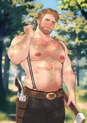 1boy 2023 arthur_morgan bara bara_tits barazoku beard bulge clothing facial_hair gay hairy hairy_arms hairy_chest male male_focus male_nipples male_only manly muscular_male nipples red_dead_redemption_(series) red_dead_redemption_2 redcoatii rockstar_games solo solo_male sweat sweating yaoi