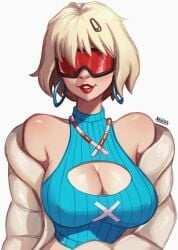 1girls blonde_hair blue_sweater boob_window breasts cleavage collar earrings evie_(fortnite) female female_only fortnite fortnite:_battle_royale glasses hair_ornament huge_breasts jacket lipstick magaska19 nipples_visible_through_clothing off_shoulder official_alternate_costume red-tinted_eyewear red_lipstick ski_goggles summitseeker_evie_(fortnite) sweater tinted_eyewear tits white_background white_jacket