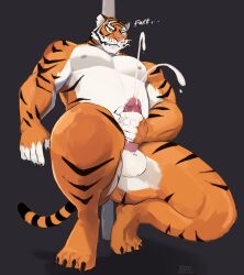 anthro balls bodily_fluids crouching cum epic_games felid fortnite genital_fluids genitals handjob hi_res male male_only mammal masturbation muscular oscar_(fortnite) pantherine penile penis radcanine sex solo tiger