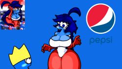 big_ass big_breasts big_thighs blue_background blue_clothing blue_eyes blue_hair blush huge_ass huge_breasts oc pepsi-chan red_clothing red_gloves reference_image shaded thick_thighs