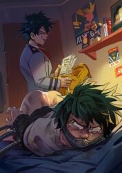 2boys after_anal after_rape ass_up bedroom bedroom_setting bound clone covered_mouth cum cum_in_ass defeated deku doppelganger duplicated_character freckles gag gagged gay green_eyes green_hair implied_anal implied_rape izuku_midoriya looking_back male male_only midoriya_izuku my_hero_academia restrained restrained_arms school_uniform selfcest tears tears_in_eyes villain_on_hero wildmage yaoi