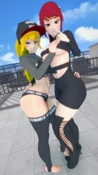 2girls arrancon blonde_female blonde_hair green_eyes grimmed hat multiple_girls pose posing purple_eyes pyrrha_nikos red_hair red_hair_female revealing_clothes rwby yang_xiao_long