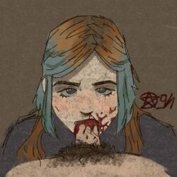 blood blue_hair brown_eyes dick_sucking female hairy_cock nosebleed oral pubic_hair short_hair sucking_penis