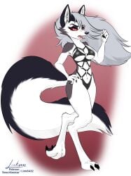 anthro bikini black_fur canid canid_demon claws clothing eyelashes female fluffy fluffy_tail fur grey_fur grey_hair hair hellhound helluva_boss link6432 loona_(helluva_boss) open_mouth paws piercing red_sclera swimwear tail white_fur