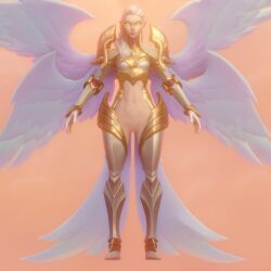 3d_(artwork) 6_wings angel armor blonde_hair bottomless clothed clothing digital_media_(artwork) feathered_wings feathers female front_view genitals hair hi_res humanoid humanoid_pointy_ears kayle league_of_legends multi_wing navel pussy riot_games salsen simple_background solo tan_background thick_thighs unconvincing_armor white_body white_eyes white_feathers wide_hips winged_humanoid wings yellow_sclera