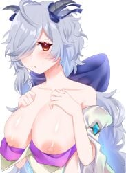 1girls bare_shoulders breasts breasts_out collarbone eitr_(fire_emblem) female female_only fire_emblem fire_emblem_heroes fluffy grey_hair hair_over_one_eye hands_on_own_chest horns large_breasts long_hair milll_77 nintendo nipples ponytail red_eyes shoulders solo upper_body very_long_hair wavy_hair