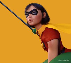 1boy 3d 3d_(artwork) batman_(series) blue_eyes cape close-up dc dc_comics eye_mask femboy feminine_male hitchcock lips male male_only plump_lips robin_(dc) robin_(dc)_(other) simple_background solo staff teen_titans trap weapon yellow_background