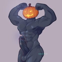 1boy 2022 balls bara bara_tits barazoku big_balls big_penis completely_nude cultistlime cum cum_drip cum_dripping_from_penis erection flexing_bicep gay genital_fluids halloween hard_on holidays jack-o'-lantern jack_o'_lantern lemonzealot limecultist male male_focus male_nipples male_only manly muscular_male nipples nude penis pumpkin pumpkin_head pumpkin_head_(character) solo solo_male yaoi