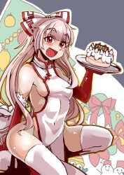 alternate_costume bare_shoulders blush bow breasts cake china_dress chinese_clothes christmas_ornaments christmas_tree commentary covered_navel dress elbow_gloves female food fujiwara_no_mokou gloves grey_hair hairbow heiseikorotaisei long_hair looking_at_viewer medium_breasts no_bra no_panties nonude omanyte open_mouth pelvic_curtain ponytail red_eyes red_gloves red_thighhighs shiny_skin side_slit sideboob sidelocks sitting solo thighhighs touhou translated tray very_long_hair