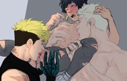 1girls 2boys blush closed_eyes colored cunnilingus grabbing_breasts held_up meryl_stryfe millions_knives moaning oral_sex prosthetic_arm saliva scars scars_all_over sucking_nipples threesome topless torn_clothes trigun trigun_stampede twins vash_the_stampede yamzokk