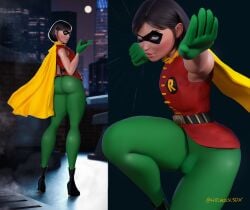 1boy 3d ass batman_(series) big_ass bulge bulge_through_clothing cape dc dc_comics femboy feminine_male fighting_pose fighting_stance girly hitchcock leggings male mask penis_bulge robin_(dc) robin_(dc)_(other) round_ass teen_titans tight_clothing trap