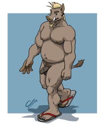 2016 anthro balls belly biceps blonde_hair blue_background border chestnuts_(artist) clothing facial_hair feet flaccid footwear footwear_only foreskin genitals goatee hair looking_at_viewer male mammal manly moobs mostly_nude musclegut muscular muscular_legs navel nipples nude penis ponytail pubes sandals sandals_only simple_background slightly_chubby solo standing suid suina sus_(pig) vein veiny_penis walking white_border wild_boar