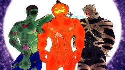 2022 3boys balls bara bara_tits barazoku big_balls big_penis clothing completely_nude cultistlime erection gay halloween hard_on holidays jack-o'-lantern jack_o'_lantern lemonzealot limecultist looking_at_viewer male male/male male_focus male_nipples male_only manly mummy muscular_male nipple_piercing nipples nude penis piercing precum precum_drip pumpkin pumpkin_head pumpkin_head_(character) ripped_clothing solo_male yaoi zombie