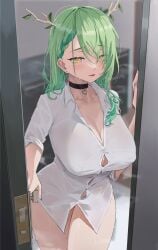 1girls archinoer branch_horns breasts breasts_popping_out button_down_shirt buttons_popping ceres_fauna female green_hair hololive hololive_english hololive_english_-council- hololive_english_-promise- horns huge_breasts light-skinned_female light_skin long_hair shirt_only thick_thighs virtual_youtuber wide_hips yellow_eyes