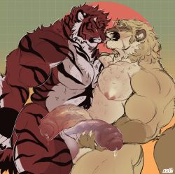 absurd_res anthro balls big_balls big_muscles big_penis bodily_fluids claws closed_eyes cougar dripping duo felid feline foreskin genital_fluids genitals half-erect hi_res huge_balls huge_cock huge_muscles hybrid licking_nose lion male male/male mammal mane musclegut muscular muscular_male nipples nude oboii odin_(oboii) pantherine pecs penis precum precum_drip scar stripes tiger tongue vein veiny_penis