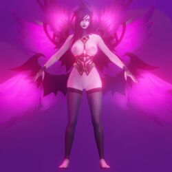 3d_(artwork) 6_wings angel areola big_breasts breasts clothing digital_media_(artwork) feathers female genitals hair hair_over_eye hi_res humanoid league_of_legends legwear morgana multi_wing nipples nude one_eye_obstructed pink_areola pink_nipples purple_background purple_body purple_eyes purple_feathers purple_hair pussy riot_games running_mascara salsen simple_background solo stockings tan_body tan_skin thick_thighs wide_hips winged_humanoid wings