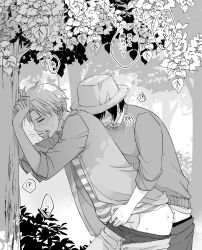 2boys blush closed_eyes clothes_pull forest greyscale hat highres jacket long_sleeves male_focus male_underwear mello79 monochrome multiple_boys outdoor_sex outdoors pants pants_pull penis sex sex_from_behind shirt short_hair spy_x_family striped striped_shirt sweater twilight_(spy_x_family) underwear yaoi yuri_briar