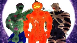 2022 3boys balls bara bara_tits barazoku big_balls big_penis clothing completely_nude cultistlime erection gay hairy_arms hairy_chest halloween hard_on holidays jack-o'-lantern jack_o'_lantern lemonzealot limecultist looking_at_viewer male male/male male_focus male_nipples male_only male_pubic_hair manly mummy muscular_male nipple_piercing nipples nude penis piercing precum precum_drip pumpkin pumpkin_head pumpkin_head_(character) ripped_clothing solo_male yaoi zombie