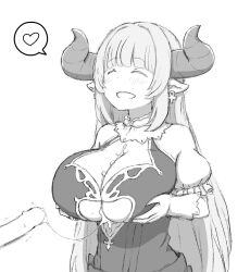 after_paizuri alicia_(granblue_fantasy) ankh_earrings breasts cleavage cleavage_cutout clothing_cutout commentary_request cum cum_on_body cum_on_breasts cum_on_penis cum_string draph female granblue_fantasy greyscale heart highres horns huge_breasts monochrome pointy_ears puffy_short_sleeves puffy_sleeves shoko-san short_sleeves spoken_heart syokopoko_(zurikichi) twitching_penis underboob_cutout