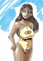 1girls 2020 box_chan breasts brown_eyes brown_hair cleavage cleavage_cutout clothing dark-skinned_female dark_skin female female_only human human_only indian indian_female long_hair looking_away one-piece_swimsuit priyanka_maheswaran solo standing steven_universe swimsuit thighs