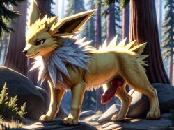 1boy ai_generated bluepartyhatboii canine_penis eeveelution feral feral_only forest_background generation_1_pokemon jolteon knot male male_only paws penis pokémon_(species) pokemon pokemon_(species) pokemon_rgby red_eyes white_fur yellow_body yellow_fur