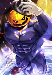 1boy 2023 balls bara bara_tits barazoku big_balls big_penis completely_nude erection gay halloween holidays jack-o'-lantern jack_o'_lantern looking_at_viewer male male_focus male_nipples male_only manly muscular_male nipples nude penis pumpkin pumpkin_head pumpkin_head_(character) solo solo_male yaoi