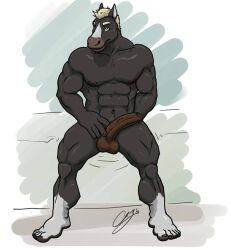 2016 abs anthro balls biceps blue_eyes chestnuts_(artist) equid equine erection feet genitals hair hand_behind_back hand_on_penis horse looking_at_viewer male mammal manly muscular muscular_thighs navel nipples nude pecs penis simple_background sitting solo triceps vein veiny_penis white_hair