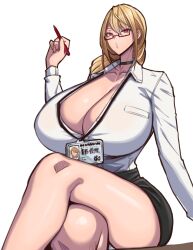 1girls big_breasts blonde_hair breasts busty choker cleavage curvaceous curvy curvy_body curvy_female curvy_figure female huge_breasts id_card large_breasts office_clothing office_lady original original_character red_eyes thick_thighs thighs voluptuous white_background white_shirt wolffeld wolffeld_price