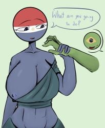 blue_body blue_eyes brazil_(countryhumans) breasts countryhumans countryhumans_girl english_dialogue english_text green_hand nipple_slip paraguay_(countryhumans) woodthird_3