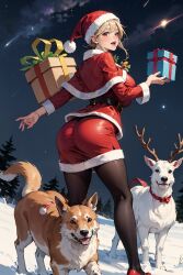 1girls ai_generated animal ass bangs belt black_pantyhose blonde_hair blush box breasts brown_eyes canine capelet christmas christmas_outfit dress from_behind fur-trimmed_capelet fur-trimmed_headwear fur_trim gift gift_box hat high_heels holding holding_gift jacket large_breasts long_sleeves looking_at_viewer looking_back night night_sky open_mouth outdoors pantyhose pantylines red_capelet red_footwear red_headwear red_skirt reindeer santa_costume santa_hat shooting_star skirt sky smile snow snowing solo stable_diffusion standing star_(sky) starry_sky teeth tree