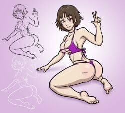 ass atlus bikini brown_hair feet jokerv makoto_niijima persona persona_5 red_eyes short_hair sitting tagme writing_on_ass writing_on_body