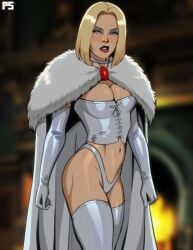 1girls absurd_res armwear blonde_hair blue_eyes blurry_background cape corset emma_frost female female_only fur_coat legwear looking_at_viewer marvel marvel_comics medium_hair narrowed_eyes pumpkinsinclair red_lipstick solo thong white_armwear white_clothing white_gloves white_legwear white_queen x-men