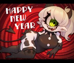 2021 boots cow_girl cow_horns cow_print cyclops demon_tail devil_tail eyelashes green_eyes happy_new_year leotard monster_girl new_year pale-skinned_female pale_skin pointed_ears pointy_ears sharp_teeth shortstack smile smiling smiling_at_viewer spiked_collar spikes tail thigh_boots thighhigh_boots white_hair white_skin zombiemiso