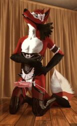 anthro canid canine clothing fox hi_res latex leggings legwear maid_uniform male male_only mammal papilion snelrev solo teasing uniform