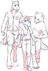 absurd_res age_difference anthro aogami arm_over_shoulder baseball_cap baseball_uniform canid canine canis clothing equid equine frat_boy group hat headgear headwear hi_res horse human humanoid male male/male mammal older_anthro sportswear trio uniform wolf young