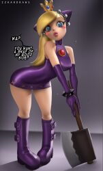 1girls armwear axe big_lips blonde_hair blue_eyes blush boots bracelet breasts crown dress elbow_gloves english english_text female female_only footwear full_body gloves hair headwear holding_weapon izhardraws latex latex_boots latex_dress legs lips long_hair looking_at_viewer mario_(series) mario_tennis nintendo plump_lips purple_dress purple_gloves short_dress solo solo_female spiked_bracelet text thick_lips thighs wapeach weapon