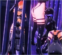 1futa 1girls armbinder au_ra belt belt_bondage blowjob bondage bondage_hood cage dominatrix fellatio final_fantasy final_fantasy_xiv forced fordola_rem_lupis futa_on_female futanari gimp_mask gimp_suit hood hyur kidnapped kisa_kha kneeling latex latex_suit prison rape xaela