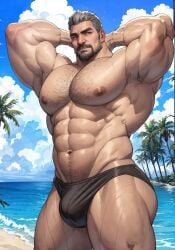 1boy 2023 ai_generated arm_behind_head armpit_hair ass bara bara_tits barazoku bulge daddy dilf disney disney_villains facial_hair gay grey_hair hairy hairy_chest king_magnifico male male_focus male_nipples male_only male_pubic_hair manly mature_male muscular_male nipples no_visible_genitalia solo solo_male thong underwear wish_(film) yaoi