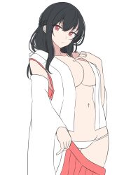 >:( artist_request center_opening cowboy_shot hands_on_breasts hands_on_own_chest huge_breasts kantai_collection looking_to_the_side one_arm_up raised_eyebrows skirt_removed thighs yamashiro_(kantai_collection)