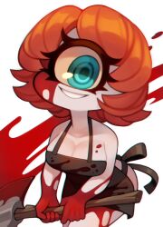 anthro apron apron_only axe blood blue_eyes cleavage cyclops eyelashes ginger ginger_hair grin grinning grinning_at_viewer orange_hair pale-skinned_female pale_skin red_hair smile smiling smiling_at_viewer white_background white_skin zombiemiso