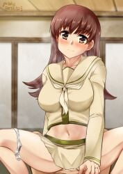 1boy 1boy1girl breasts brown_eyes brown_hair clothed_male_nude_female clothed_sex cowgirl_position female highres jewelry kantai_collection large_breasts long_hair long_sleeves male/female midriff miniskirt navel neckerchief nude ooi_(kantai_collection) ooi_kai_ni_(kantai_collection) panties panties_around_one_leg pov ring sailor_collar school_uniform serafuku skirt solo_focus spread_legs straddling straight underwear wedding_ring white_panties yellow_neckerchief yellow_sailor_collar yellow_serafuku yellow_skirt yo-suke